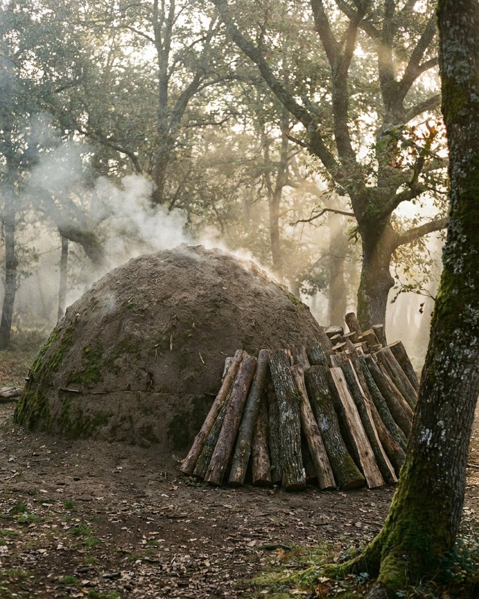 Carbonera tradicional humeando, uno de los oficios del monte hoy casi desaparecido