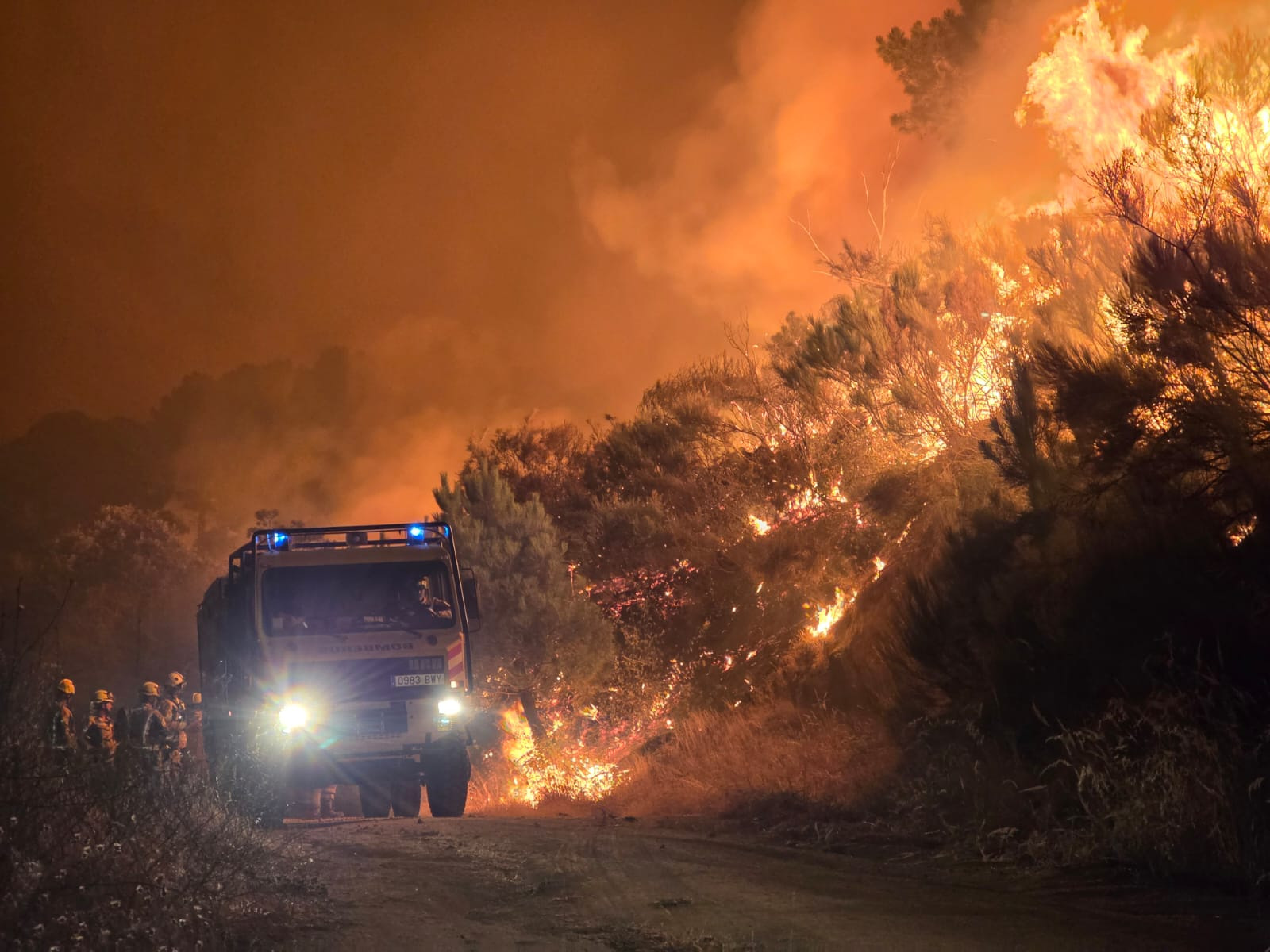 Bomberos forestales y un camión de bomberos frente a un incendio en el monte, con las llamas avanzando por la ladera de noche