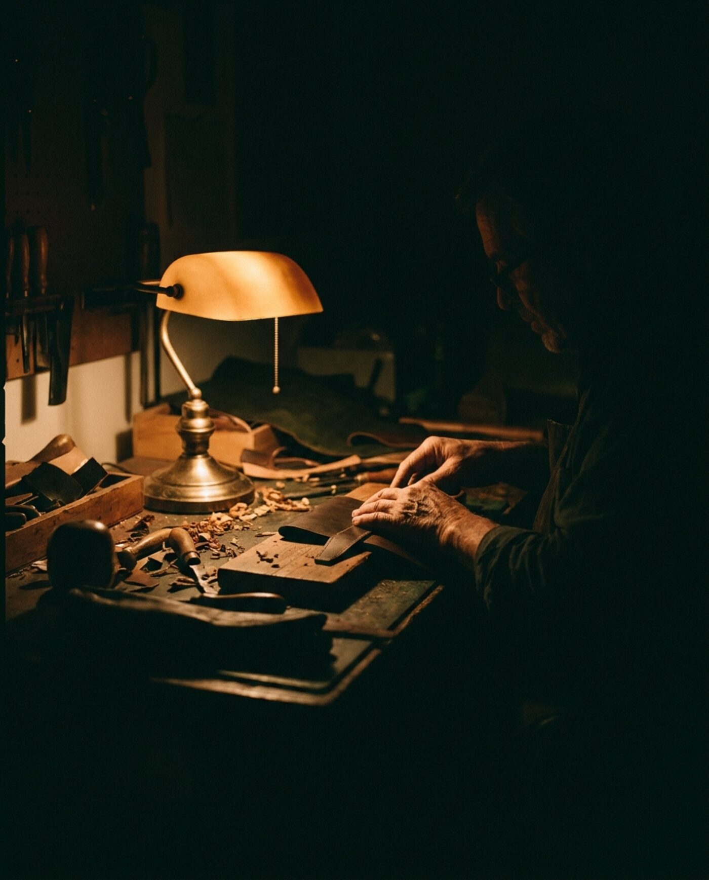 Artesano trabajando de noche en su taller a la luz de una lámpara, las horas invisibles de poner precio a tu artesanía