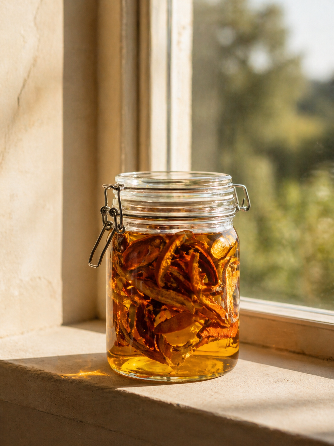 Aceite infusionado de cáscara de naranja en frasco de vidrio en maceración solar