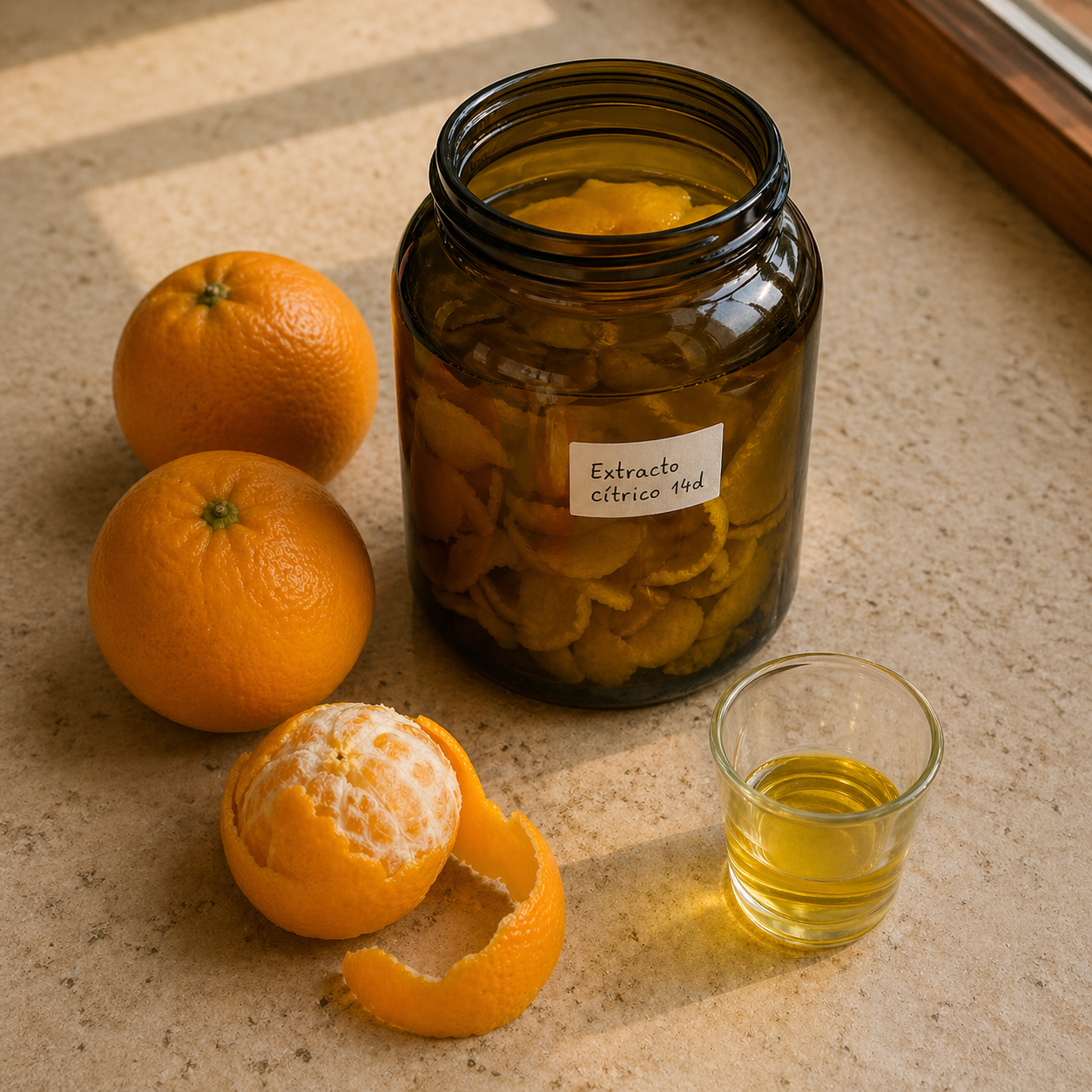 Extracto de limoneno con alcohol y cáscara de naranja en frasco de vidrio oscuro