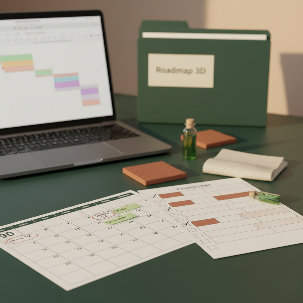 Roadmap 3D visual con hitos, cronograma y métricas de circularidad